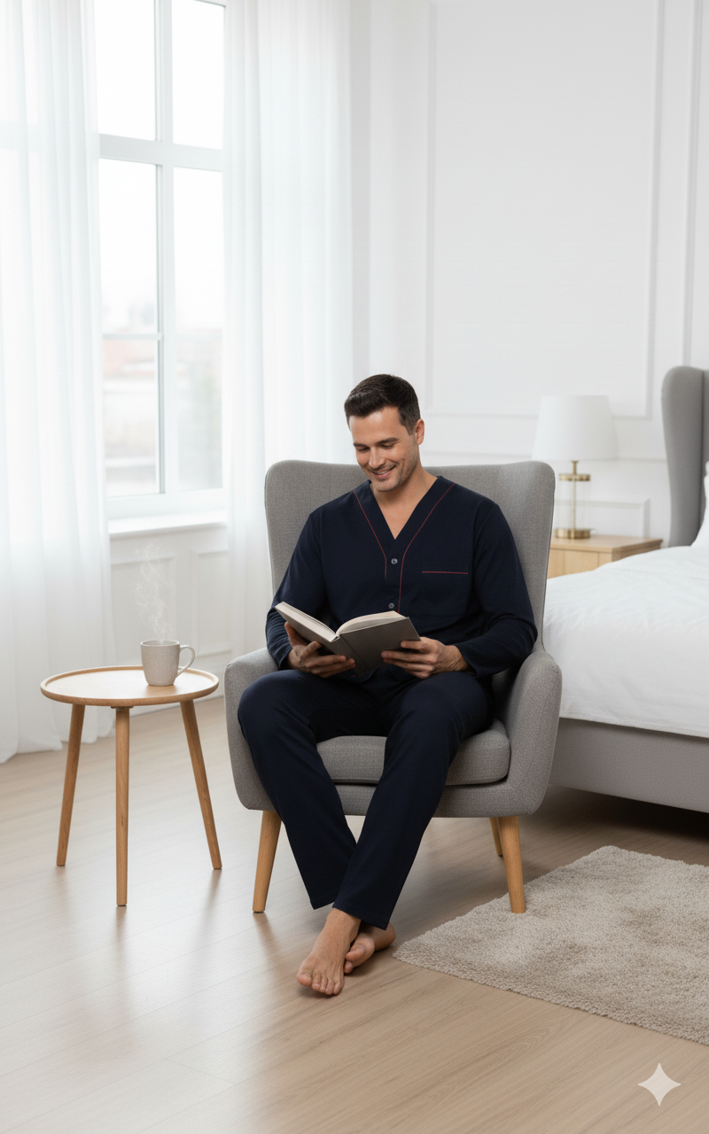 Oppland Erkek Pijama Takımı %100 İpek Kumaş Klasik Model Cepli Rahat Tam Kalıp